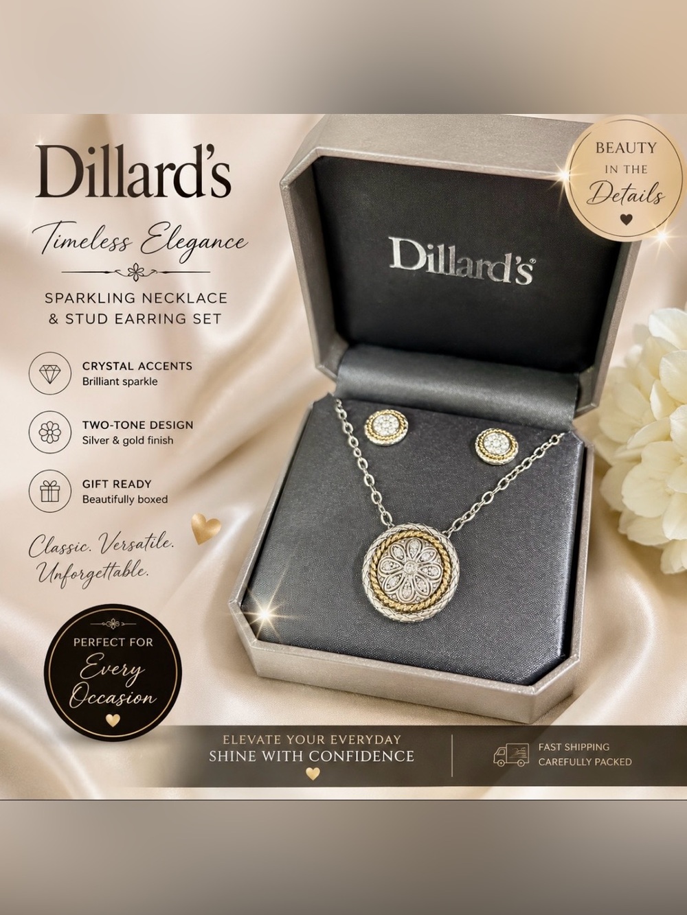 Dillard’s Two-Tone Silver & Gold Floral Pendant Necklace and Stud Earring Set